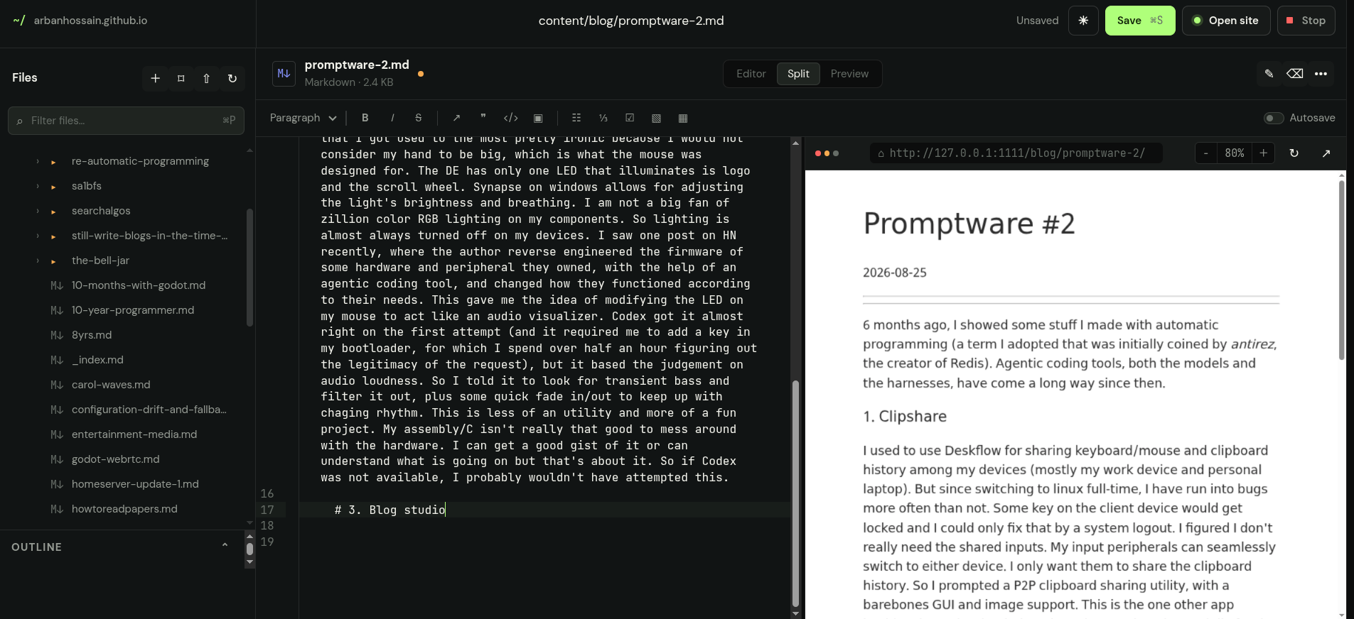 Image of blog studio, the editor for this blog